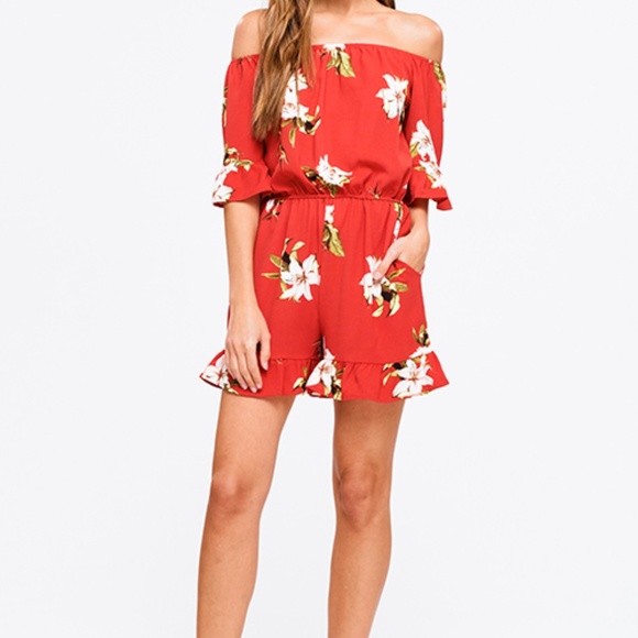 NWT Red Floral Off-the-Shoulder Romper - Picture 3 of 8